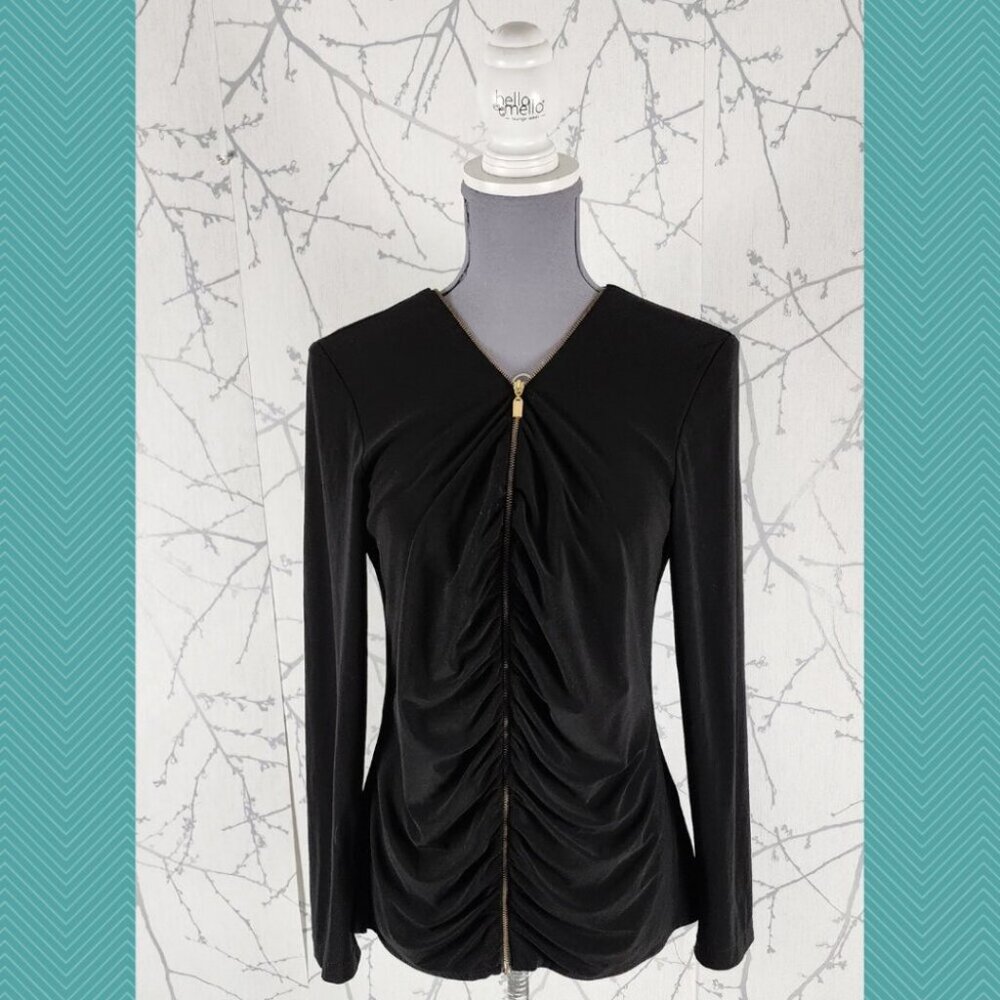 Scapa Lauren Perre Black Stretch Knit Ruched Zip Front Blouse